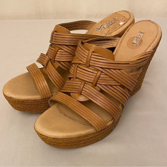 UGG Melinda Strappy Platform Sandals Slip On Wedges Tan Leather Size 11 - Picture 4 of 13